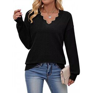 Women's V Neck Long Sleeve Knit Sweater Lightweight Casual Solid Top